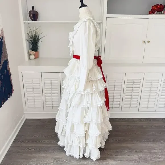 Vintage 50s Handmade Ivory Swiss Dot Lace Tiered Ruffle High Neck Dress Size S/6 - Picture 4 of 10